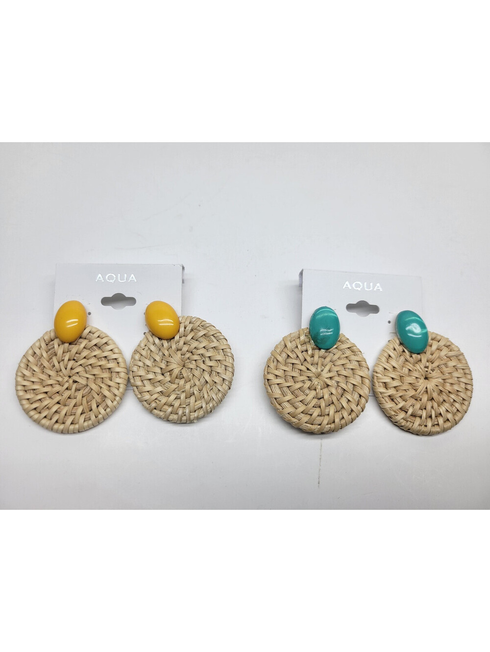 2 Pairs Aqua Bloomingdales Earring Rattan Straw Circle Round Disc Boho W/ Stone